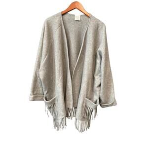 Style Studio Soft Plush Grey Pocketed Fringe Western Blanket Wrap Cardigan 1X/2X